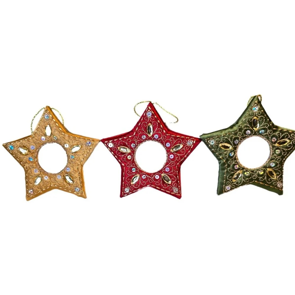 VTG Kirkland's Set of 3‎ Beaded Christmas Star Ornament Frames Gold Red Green